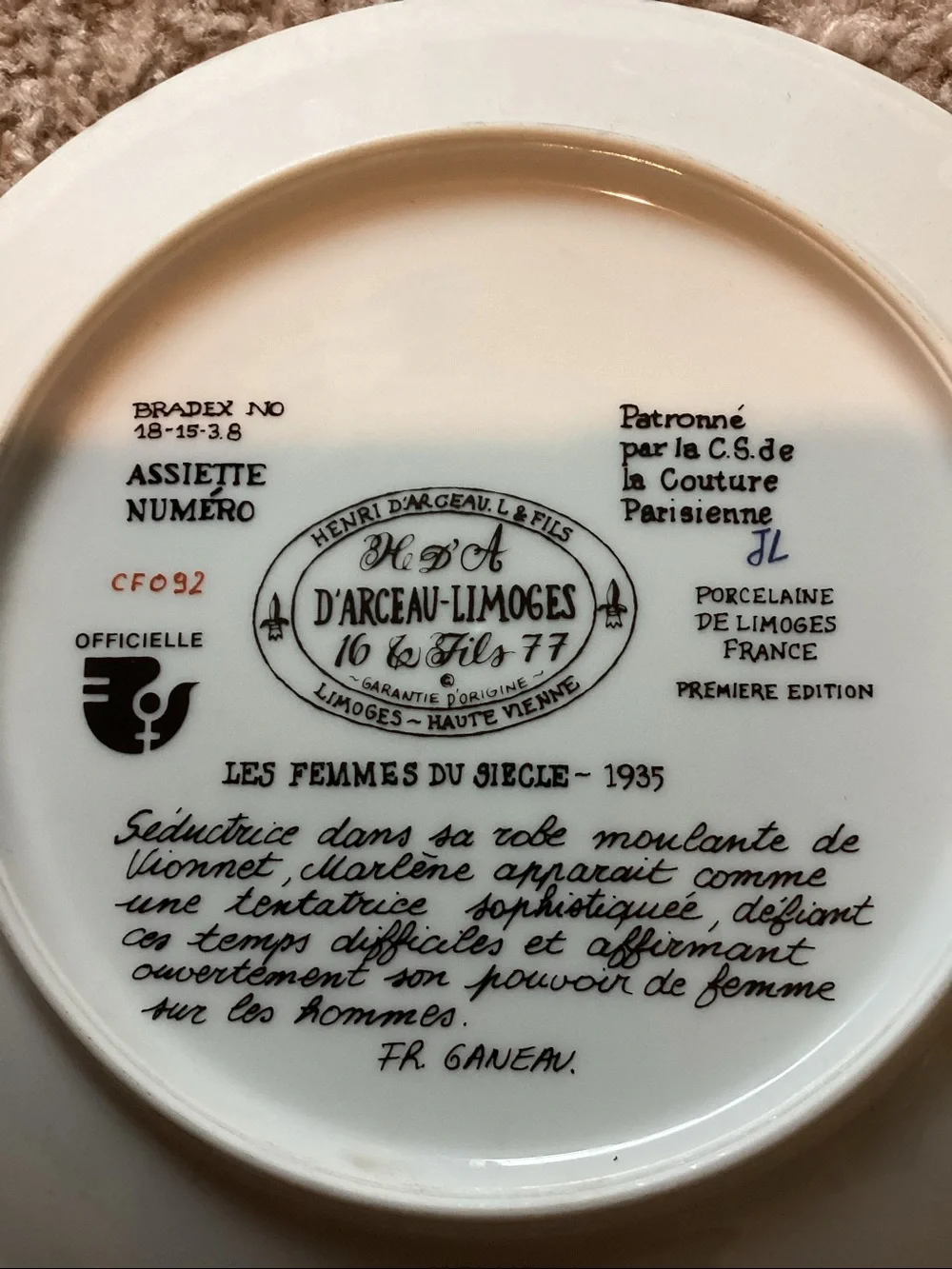 Haviland d’Arceau-Limoges Les Femmes Du Siecle Fine Porcelain Plate 8.5”